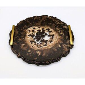 Large 13" Geode Shaped Round Tray with Gold Handles Handmade NEW
